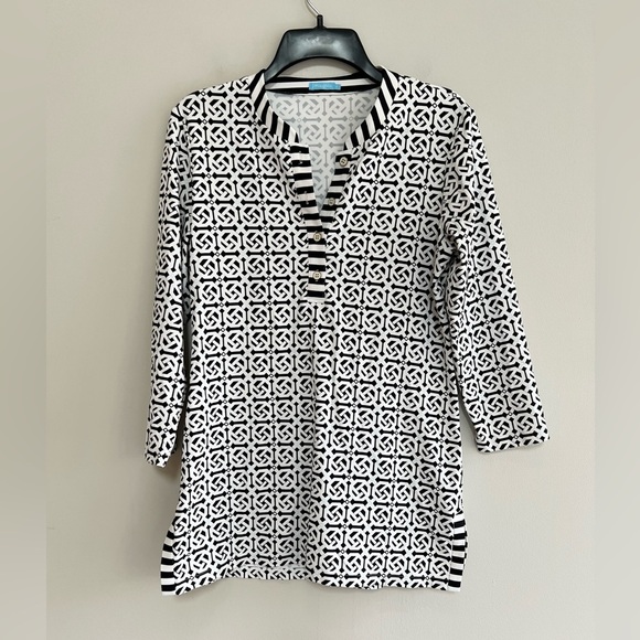 J. McLaughlin Catalina Cloth Trellis Tunic Top in Black/White size S